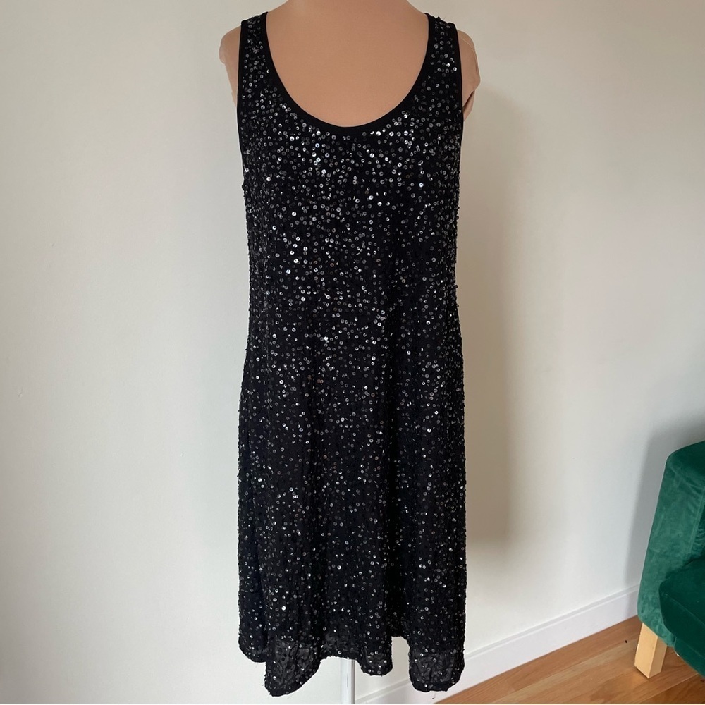 Eileen Fisher 100% Silk Sequin Embellished Black Sleeveless Tank Dress EUC Sz XS